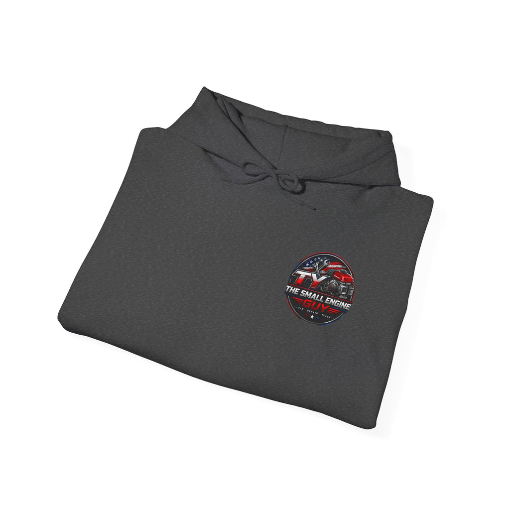 The Small Engine Guy logo Hoodie | American flag mechanic emblem