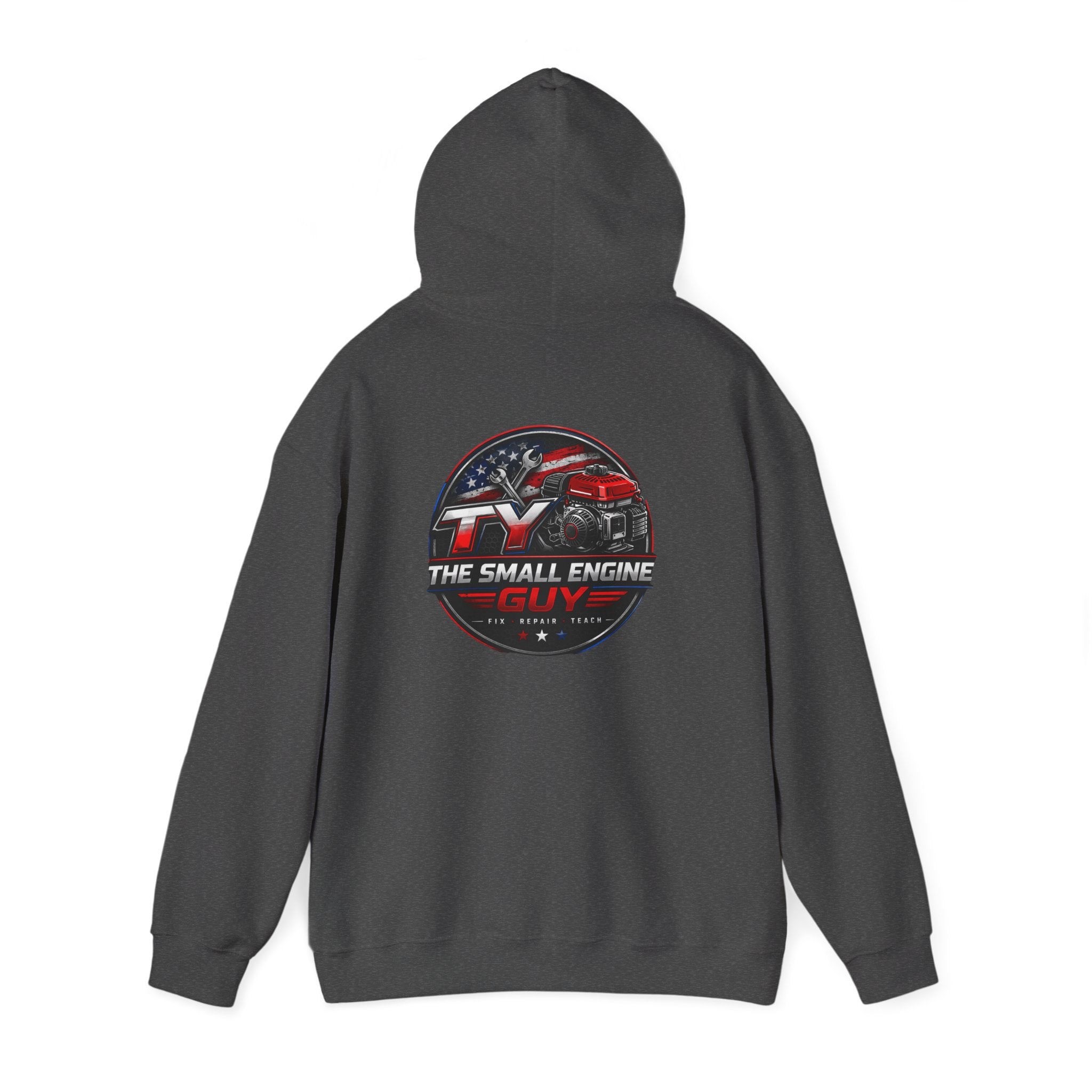 The Small Engine Guy logo Hoodie | American flag mechanic emblem
