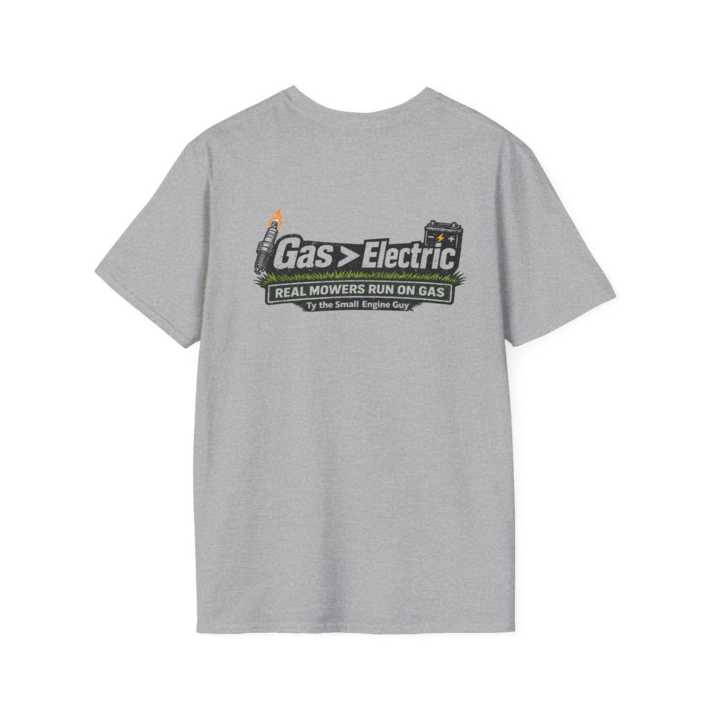 Gas > Electric T-Shirt | Real Mowers Run On Gas, Vintage Lawncare Design