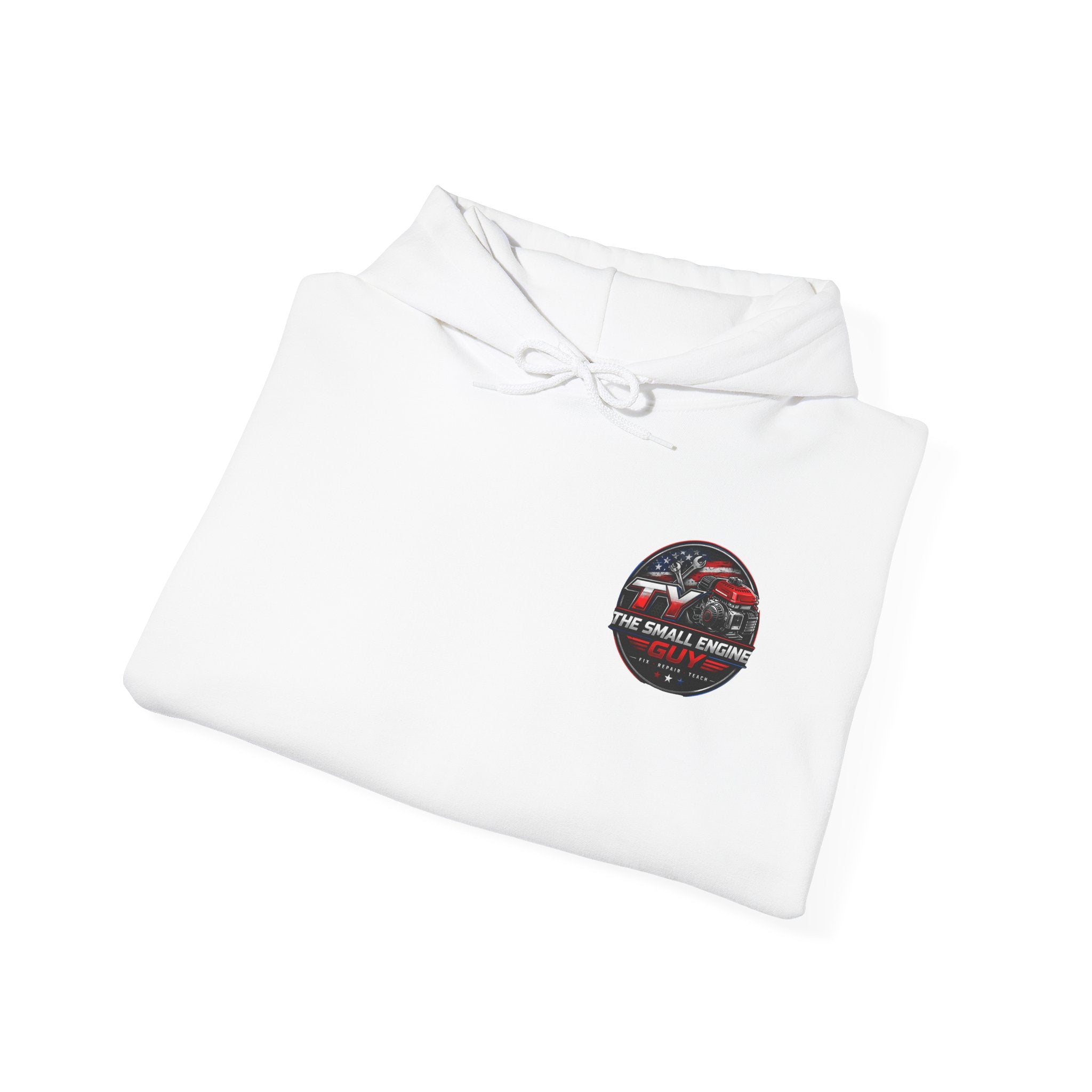 The Small Engine Guy logo Hoodie | American flag mechanic emblem