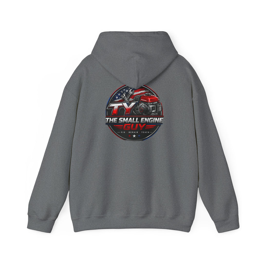 The Small Engine Guy logo Hoodie | American flag mechanic emblem