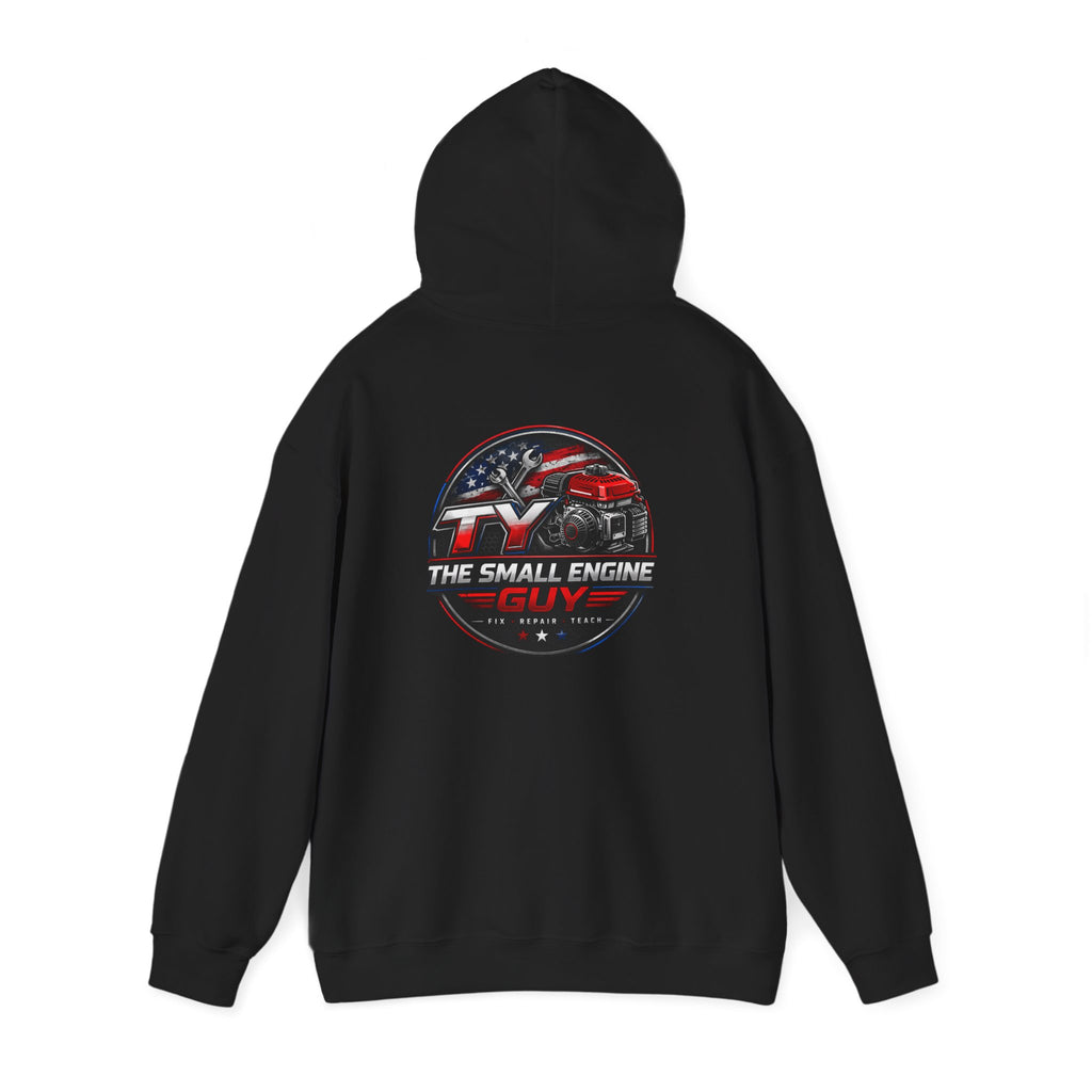 The Small Engine Guy logo Hoodie | American flag mechanic emblem