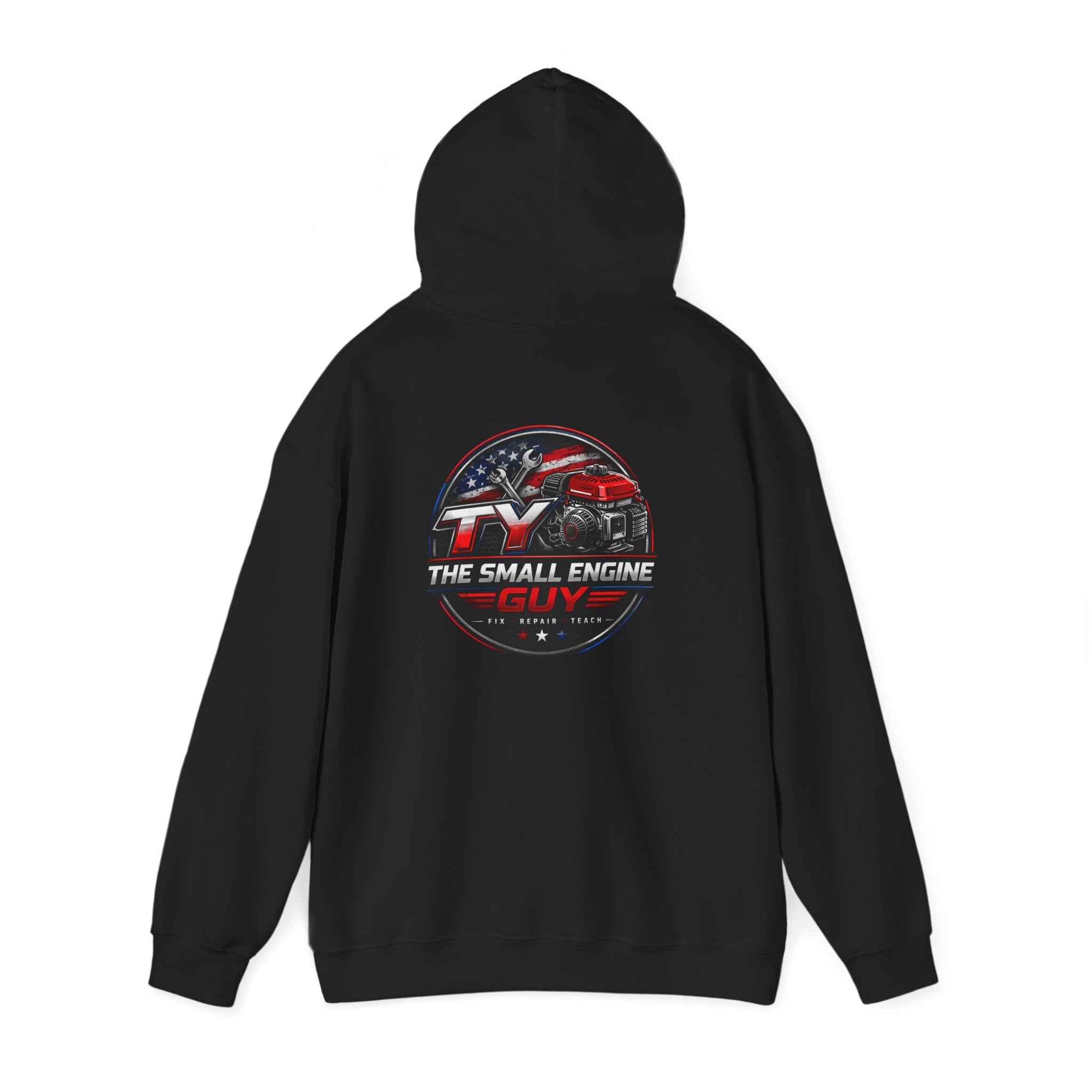 The Small Engine Guy logo Hoodie | American flag mechanic emblem