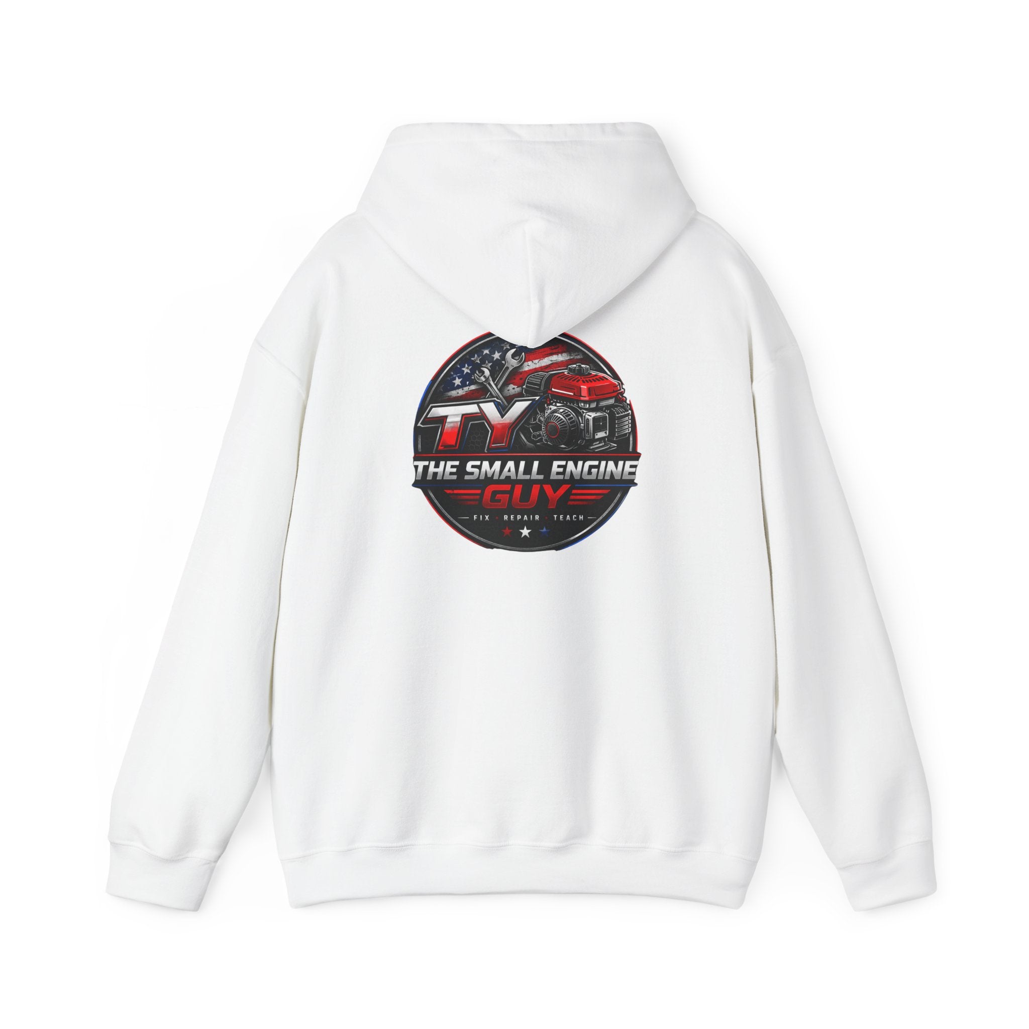 The Small Engine Guy logo Hoodie | American flag mechanic emblem
