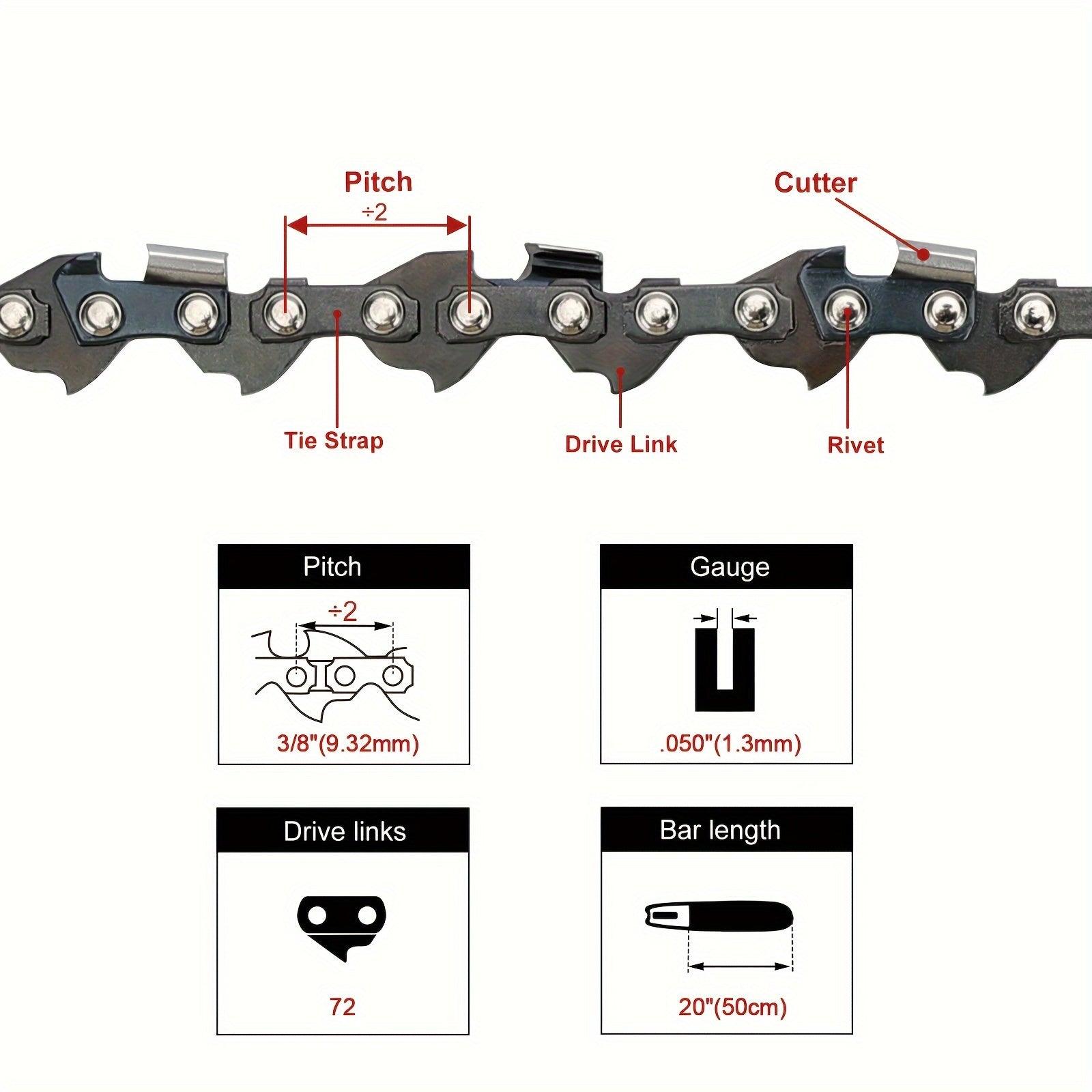 20 Heavy-Duty Chainsaw Chain - Extra-Long Cutting Length, 3/8 Pitch, 050 Gauge, 72 Drive Links - Compatible with Oregon D72 and Stihl 024 Chainsaws