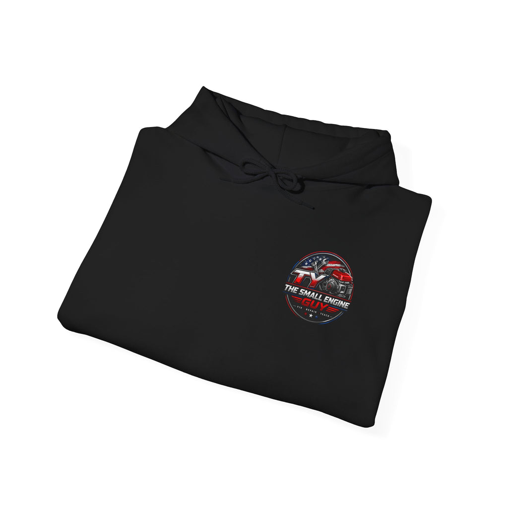 The Small Engine Guy logo Hoodie | American flag mechanic emblem