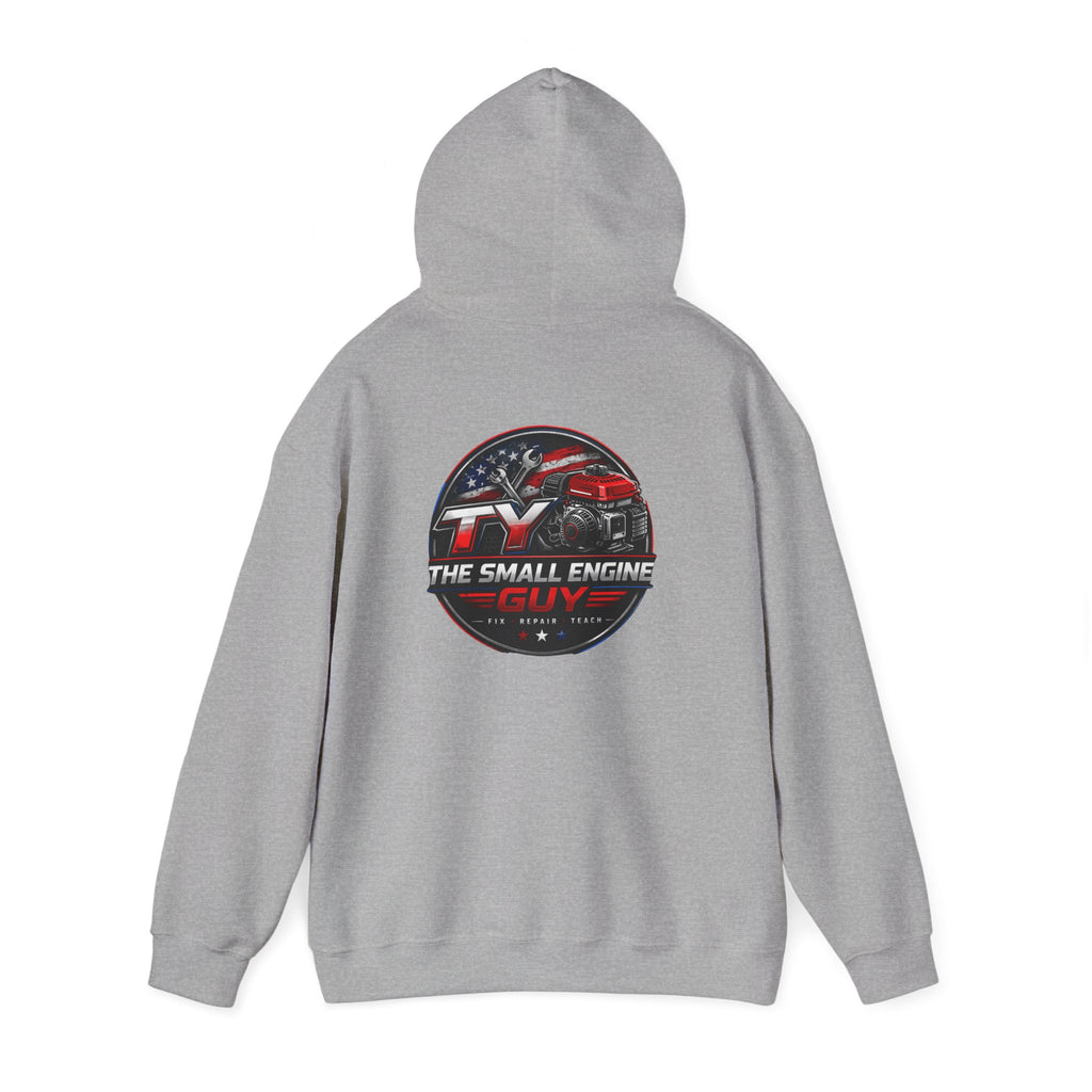 The Small Engine Guy logo Hoodie | American flag mechanic emblem