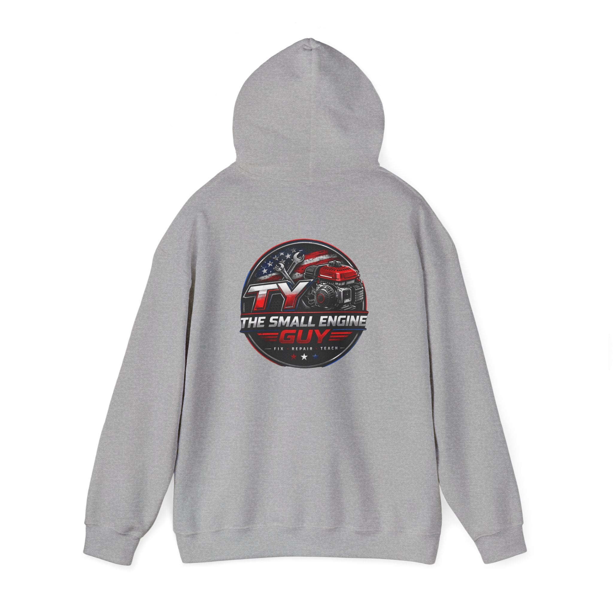 The Small Engine Guy logo Hoodie | American flag mechanic emblem