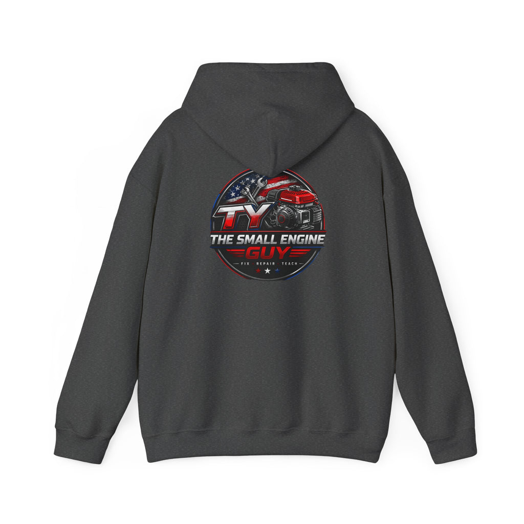 The Small Engine Guy logo Hoodie | American flag mechanic emblem