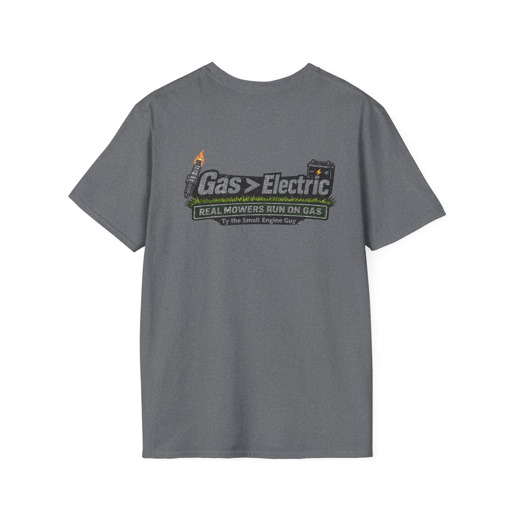 Gas > Electric T-Shirt | Real Mowers Run On Gas, Vintage Lawncare Design