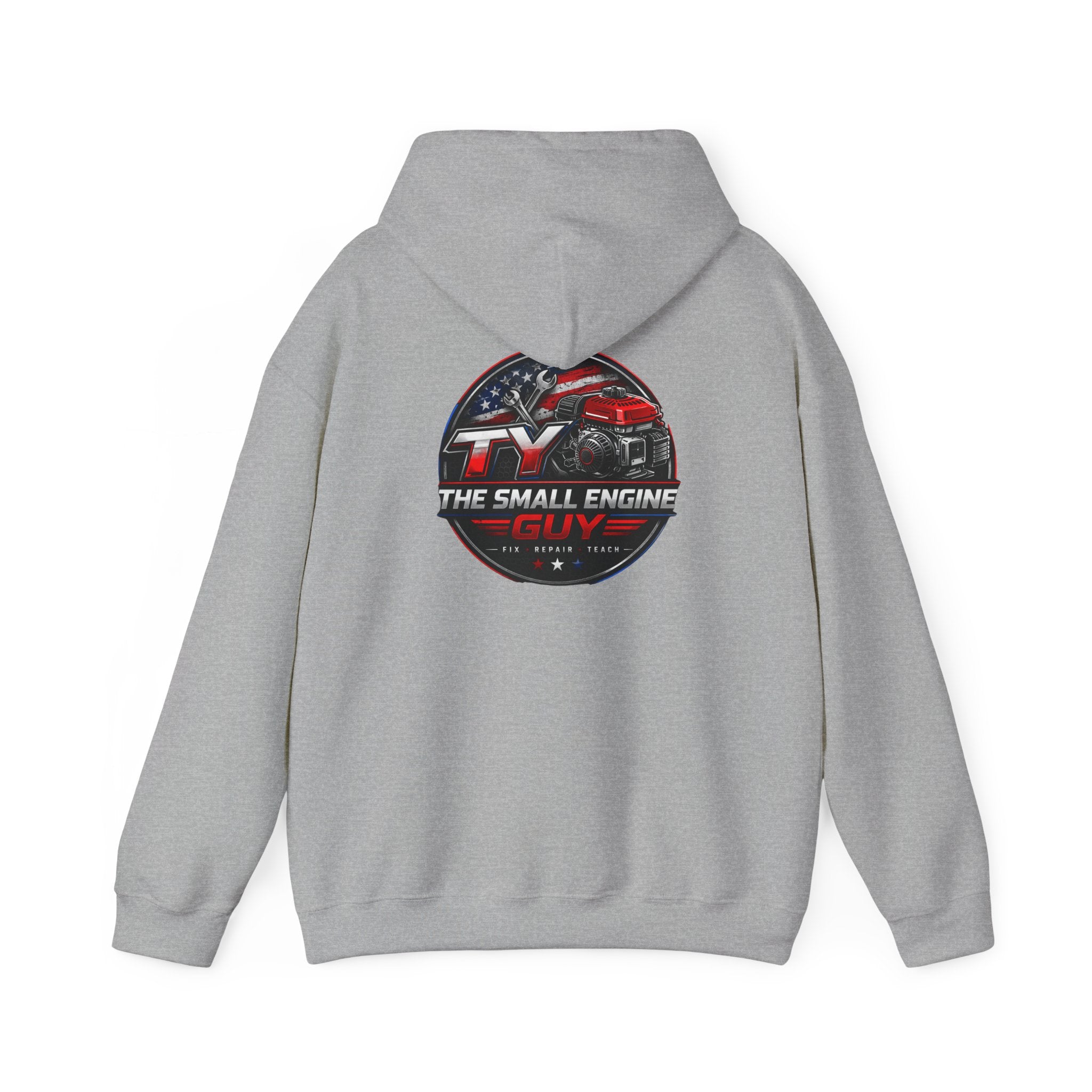 The Small Engine Guy logo Hoodie | American flag mechanic emblem