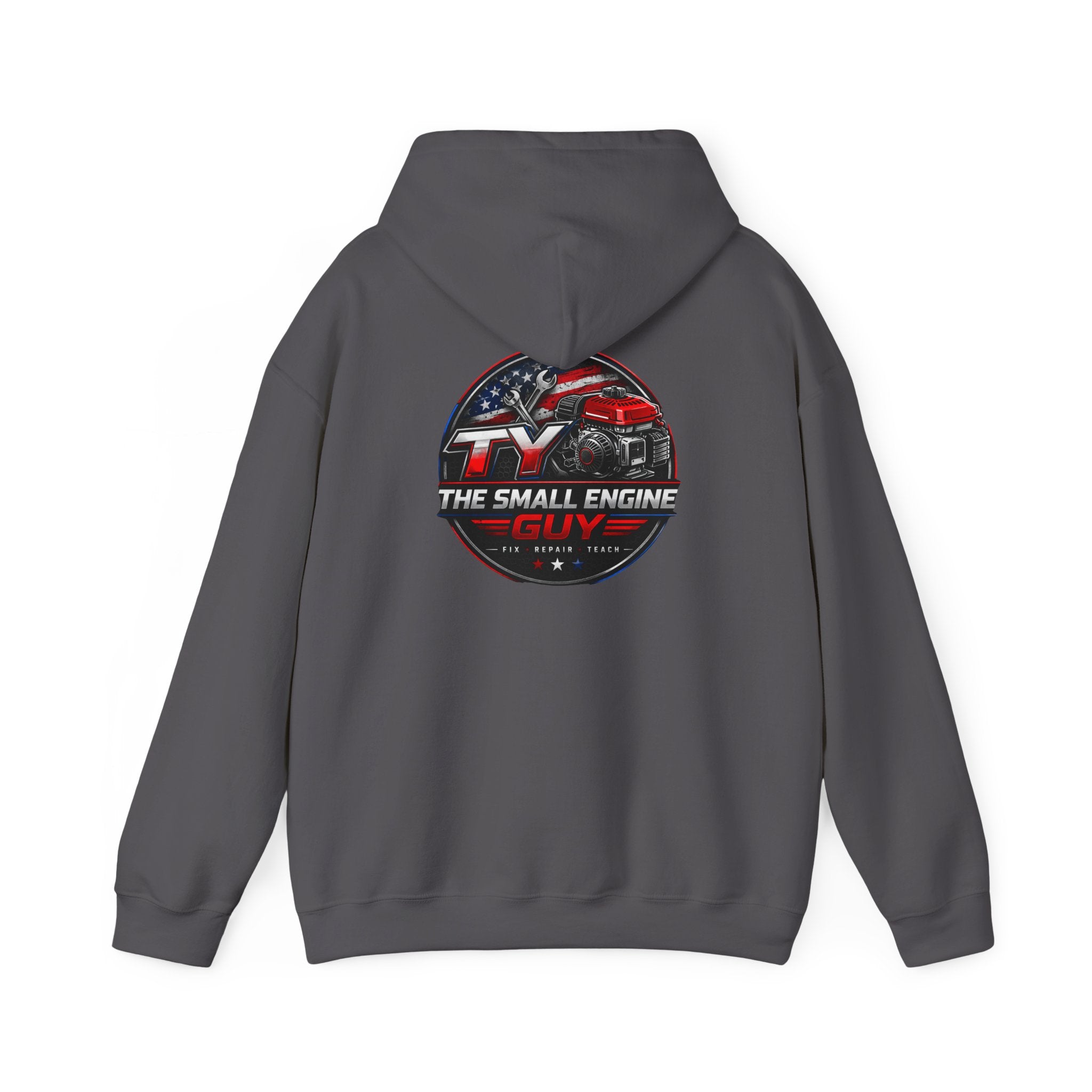 The Small Engine Guy logo Hoodie | American flag mechanic emblem