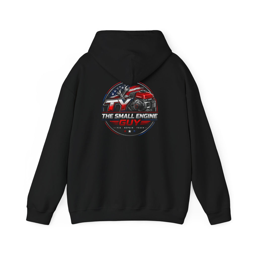 The Small Engine Guy logo Hoodie | American flag mechanic emblem
