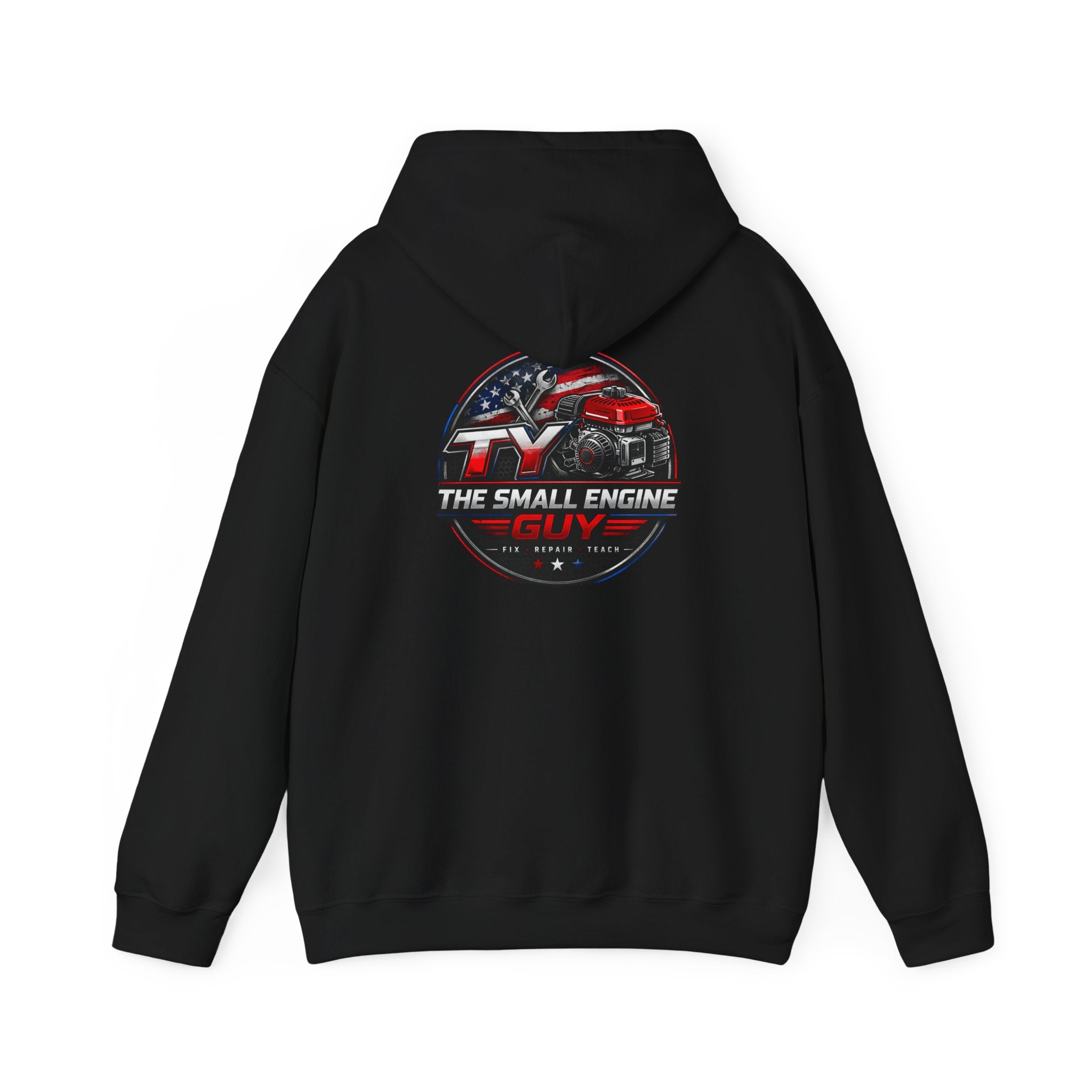 The Small Engine Guy logo Hoodie | American flag mechanic emblem